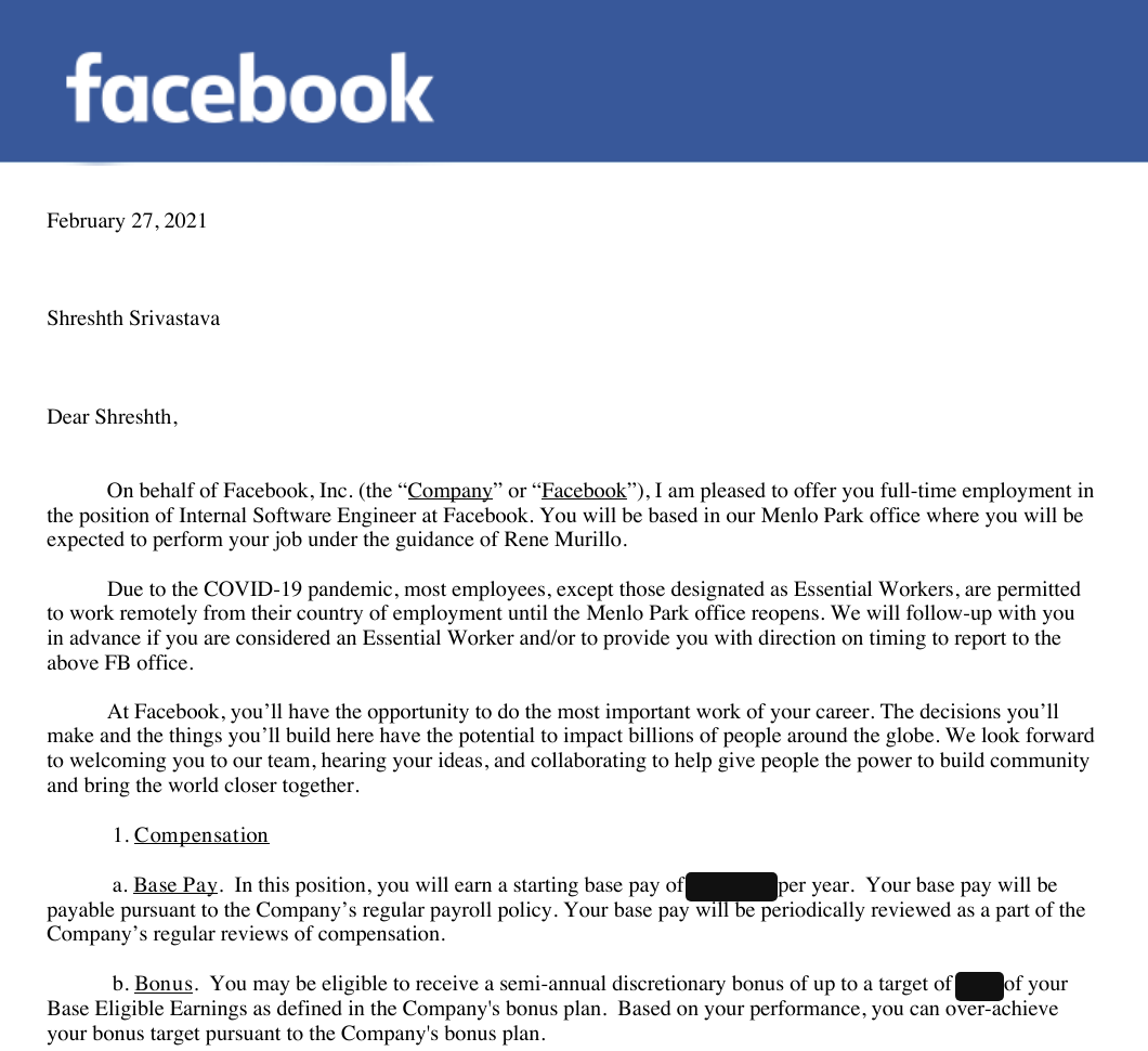 Facebook offer-letter excerpt addressed to Shreshth Srivastava