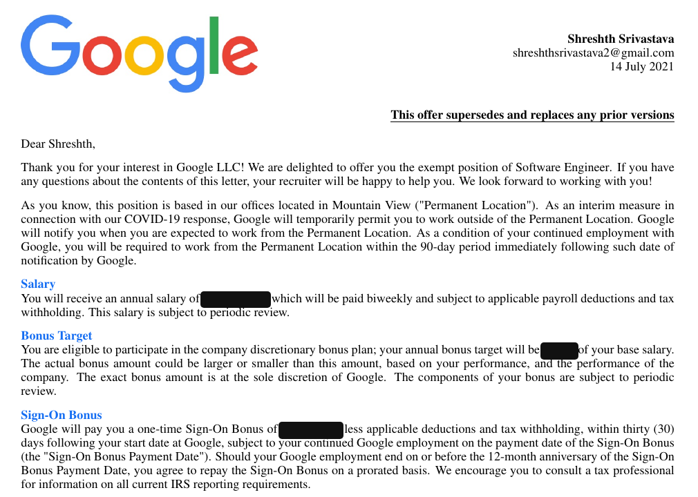 Google offer-letter excerpt addressed to Shreshth Srivastava